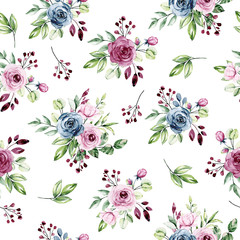 Seamless pattern with watercolor flowers roses, repeat floral background hand drawing. Perfectly for wallpaper, fabric, texture and other printing.