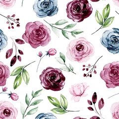 Washable Wallpaper Murals Bordeaux Seamless pattern with watercolor flowers roses, repeat floral background hand drawing. Perfectly for wallpaper, fabric, texture and other printing.