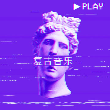 Apollo's plaster head on a purple background. Retro glitch art.