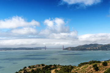Trail scene to Mt. Livermore on Angel Island in San Francisco Bay, with Golden Gate Bridge in background