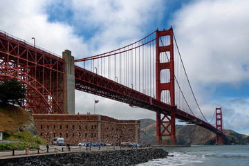 Golden Gate Bridge with Fort Point and waves splashing in foreground