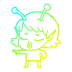 cold gradient line drawing cute alien girl cartoon pointing