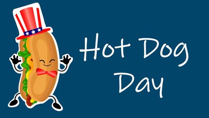 National Hot Dog Day poster with funny cartoon hot dog. Hot dog day label or stamp.
