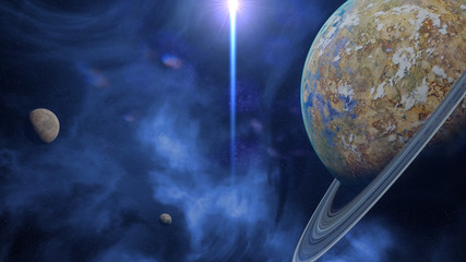 beautiful alien planet with ring system, exotic extraterrestrial world with moons  © dottedyeti