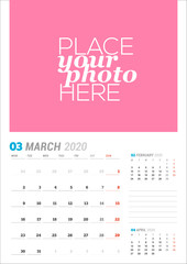 March 2020. Wall calendar planner template. Vector stationery design print template with place for photo. Week starts on Monday. 3 months on page