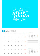 May 2020. Wall calendar planner template. Vector stationery design print template with place for photo. Week starts on Monday. 3 months on page