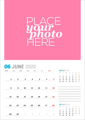 June 2020. Wall calendar planner template. Vector stationery design print template with place for photo. Week starts on Monday. 3 months on page