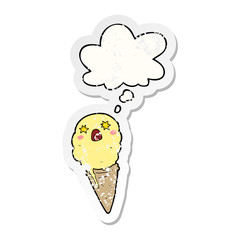 cartoon shocked ice cream and thought bubble as a distressed worn sticker