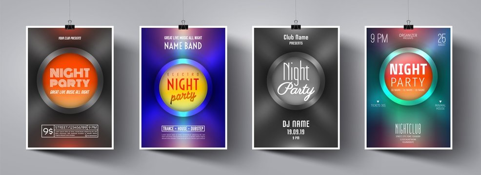 Set layout templates posters for a dance night party. Banner template. Music flyer set. Night party poster. Flyer layout template. Colorful abstract design background for poster. Vector illustration. 