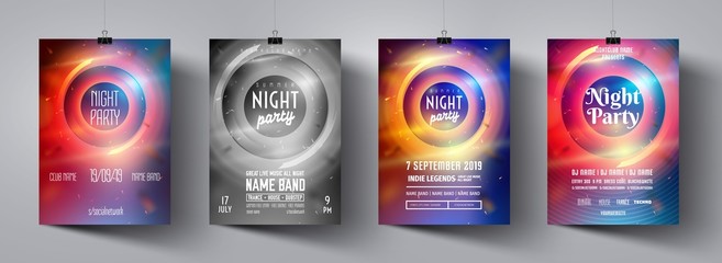 Night party poster set. Festive banner concept. Discotheque flyer set. Vector modern festive leaflet. Minimal brochure layout. Vector illustration. Poster advertising design. Night party flyer.