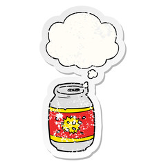cartoon soda can and thought bubble as a distressed worn sticker