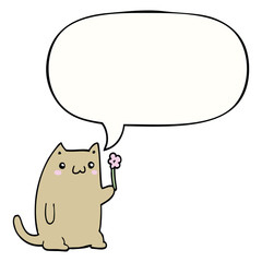 cute cartoon cat and flower and speech bubble