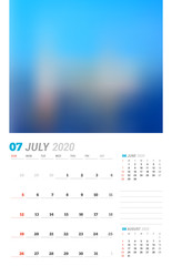 July 2020. Wall calendar planner template. Vector stationery design print template with place for photo. Week starts on Sunday. 3 months on page