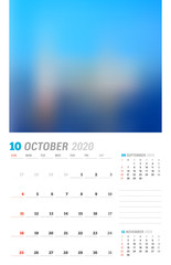 October 2020. Wall calendar planner template. Vector stationery design print template with place for photo. Week starts on Sunday. 3 months on page