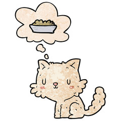 cartoon cat and food and thought bubble in grunge texture pattern style