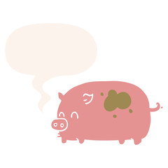 cute cartoon pig and speech bubble in retro style