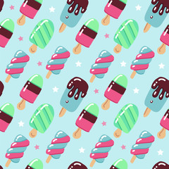 Cute summer hand drawn Seamless pattern with ice cream with popsicles on a blue background with stars. It can be used for packaging, wrapping paper, child textile