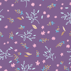 Obraz na płótnie Canvas Floral seamless pattern. Hand drawn doodle leaves, brances and flower background. Nature Spring wrapping paper. Vector outline illustration on white background.