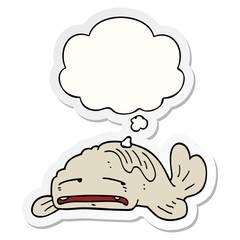 cartoon sad old fish and thought bubble as a printed sticker
