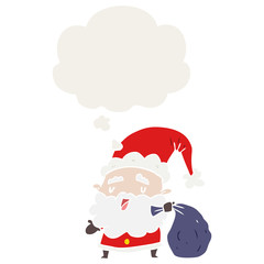 cartoon santa claus with sack and thought bubble in retro style