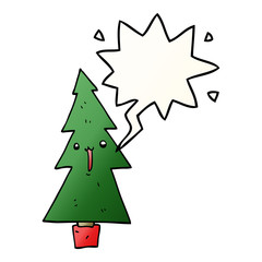 cartoon christmas tree and speech bubble in smooth gradient style