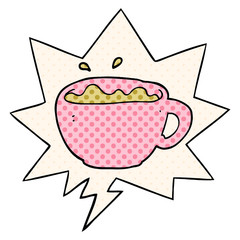 cartoon coffee cup and speech bubble in comic book style
