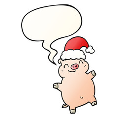cartoon happy christmas pig and speech bubble in smooth gradient style