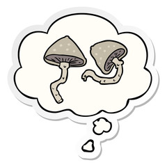 cartoon mushrooms and thought bubble as a printed sticker