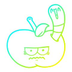 cold gradient line drawing cartoon worm eating an angry apple
