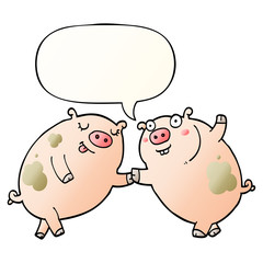 cartoon pigs dancing and speech bubble in smooth gradient style