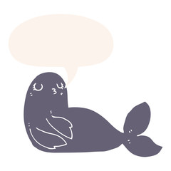 cartoon seal and speech bubble in retro style