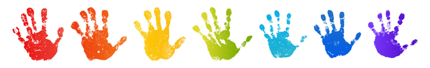 Hand rainbow print isolated on white background. Color child handprint. Creative paint hands prints. Happy childhood design. Artistic kids stamp, bright human fingers and palm. Vector illustration - 276012519