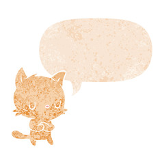 cartoon cat and speech bubble in retro textured style
