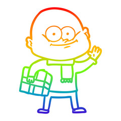 rainbow gradient line drawing cartoon bald man staring
