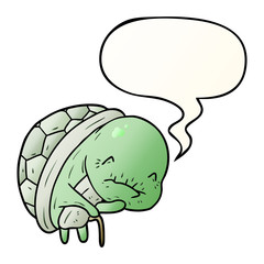 cute cartoon old turtle and walking stick and speech bubble in smooth gradient style