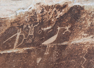 The petro glyphs or etchings on rocks by people who lived in the area. The etchings made using a hard object on the rock surface layered with a coating of dust or the desert patina.