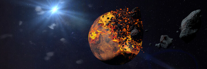 planetary apocalypse, alien world destroyed by asteroids (3d space illustration banner)