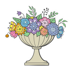 Vase of flowers. Big flower pot. Colored hand drawn vector image, isolated on white