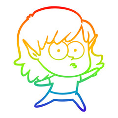 rainbow gradient line drawing cartoon elf girl staring