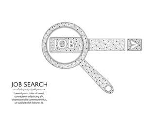 Job search low poly design, magnifying glass in polygonal style, look for information about employment. Wire frame vector illustration on a white background