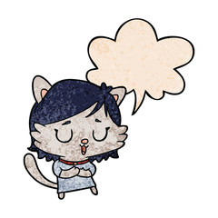 cartoon cat girl and speech bubble in retro texture style