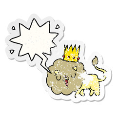cartoon lion and crown and speech bubble distressed sticker
