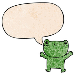cartoon frog and speech bubble in retro texture style
