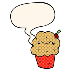 cartoon cupcake and speech bubble in comic book style