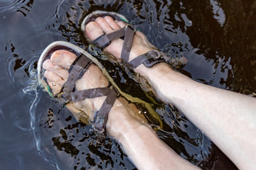 Women's legs in sandals soaked in the lake. Feet immersed in the lake.