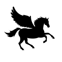 Vector black silhouette of pegasus horse with wings isolated on white background