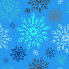 Seamless Christmas vector pattern with colored snowflakes on a blue