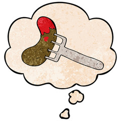 cartoon sausage on fork and thought bubble in grunge texture pattern style