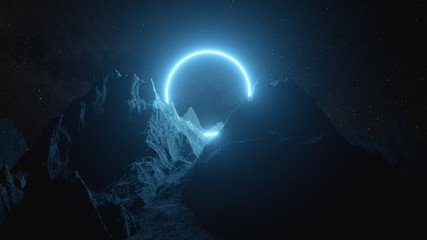Obraz na płótnie Canvas Beautiful minimalistic fantastic landscape. Bright blue neon circle among the mountains against the background of a rotating night starry sky. 3d illustration
