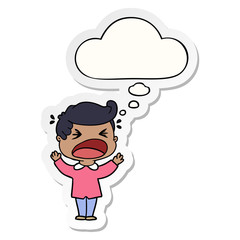 cartoon shouting man and thought bubble as a printed sticker